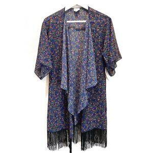 Bohemian Floral Blue Fringe LuLaRoe Monroe Kimono Swim Coverup S